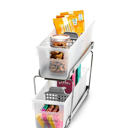 madesmart Mini 2-Tier Organizer, Multi-Purpose Slide-Out Storage with Handles and Dividers for Home and Bath, Frost