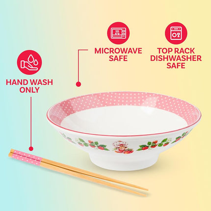 Silver Buffalo Strawberry Shortcake Vintage Berries and Polka Dots 30oz Ceramic Ramen Bowl with Chopsticks