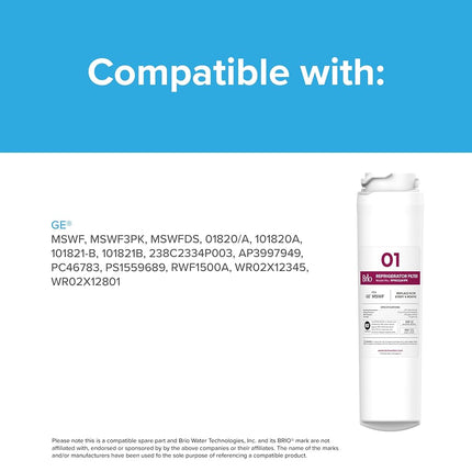 Remplacement du filtre à eau Brio MSWF. Compatible avec GE MSWF, 101820A, 101821B, MSWF3PK et MSWFDS, NSF 42, 53, 372 et 401