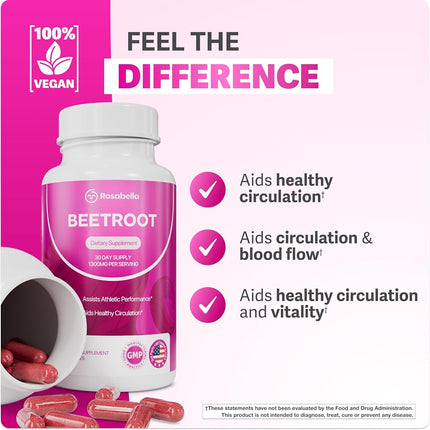 Rosabella Organic Beet Root Capsules - 1300mg Beet Root Powder Aids Healthy Circulation & Vitality, Non-GMO, Beet Root Supplement - 180 Capsules, 90-Day Supply