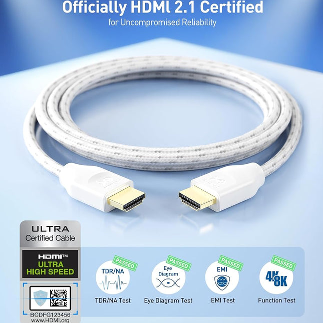 Cable Matters [Ultra High Speed HDMI Certified] Braided 48Gbps 8K HDMI Cable 6.6 ft / 2m with 8K@60Hz, 4K@240Hz and HDR Support for PS5, Xbox Series X/S, RTX3080 / 3090, Apple TV and More in White