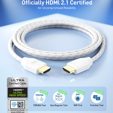 Cable Matters [Certificado HDMI de ultra alta velocidad] Cable HDMI 8K trenzado de 48 Gbps de 2 m con soporte para 8K@60Hz, 4K@240Hz y HDR para PS5, Xbox Series X/S, RTX3080 / 3090, Apple TV y más en blanco