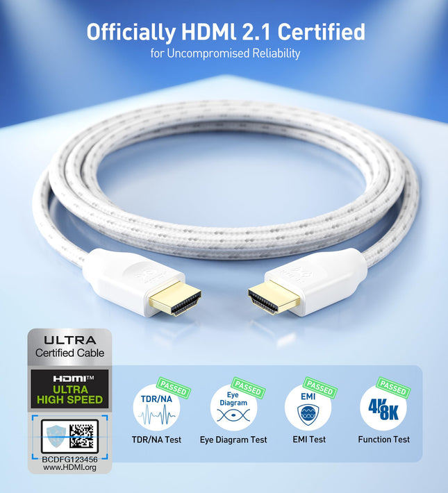 Cable Matters [Ultra High Speed HDMI Certified] Braided 48Gbps 8K HDMI Cable 6.6 ft / 2m with 8K@60Hz, 4K@240Hz and HDR Support for PS5, Xbox Series X/S, RTX3080 / 3090, Apple TV and More in White