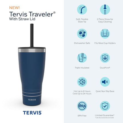 Tervis Traveler Powder Coated Stainless Steel Triple Walled Insulated Tumbler Travel Cup Keeps Drinks Cold & Hot, 30oz - with Straw Lid, Black