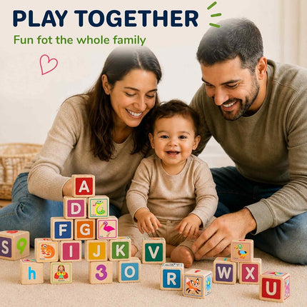 QUOKKA Wooden Blocks for Toddlers 1-3 - Cartoon 26 ABC Learning Baby Blocks for Kids 3-5-Year-Olds Stacking Alphabet Wood Toys for 2-4 yo - Educational with Letters Numbers