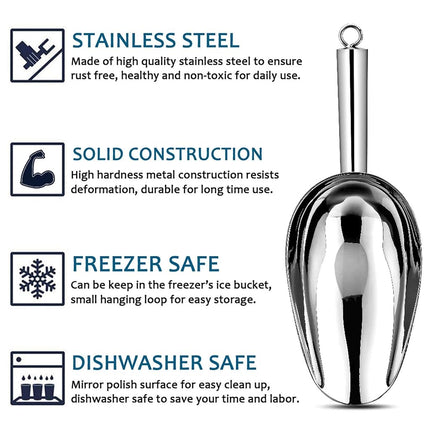 E-far 12 Ounce Ice Scoop Set of 2, Stainless Steel Scoops for Ice Cube/Candy/Flour/Sugar, Metal Utility Scoops for Party, Baking, Kitchen Pantry, Rust Free & Dishwasher Safe
