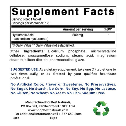 Best Naturals Hyaluronic Acid 200 mg 120 Tablets (Non-GMO, Gluten Free) - Promotes Youthful Healthy Skin & Healthy Joint Function (120 Count (Pack of 2))