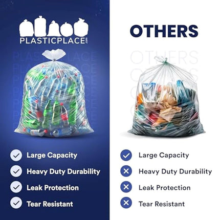 Plasticplace - W55LDC2 55-60 gallon Trash Bags │ 2 Mil │ Clear Heavy Duty Garbage Can Liners │ 38” x 58” 1 Count (Pack of 50)