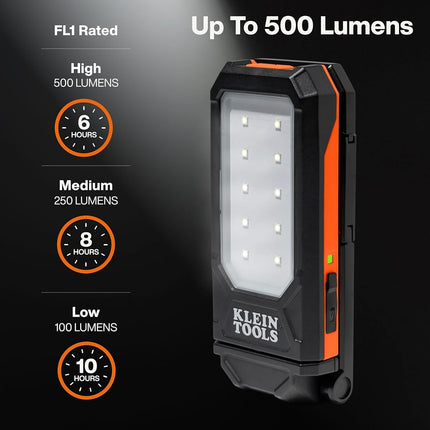 Klein Tools 56079 Slim Rechargeable Personal Work Light, 500-Lumen, Magnetic LED Portable Flashlight, 360-Degree Rotation and Carabiner, USB-C Rechargeable Inspection Light