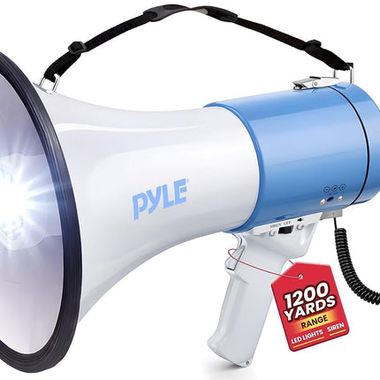 Pyle Portable Compact PA Megaphone Speaker w/LED Flashlight, Alarm Siren, Adjustable Volume, 50W Handheld Lightweight Bullhorn w/Detachable Mic, Battery Powered, for Indoor Outdoor Use (PMP51LT)