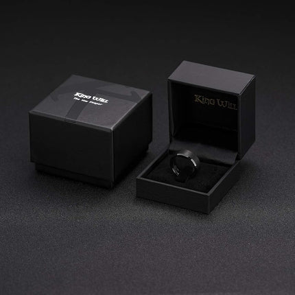 King Will BASIC 7mm Anillo de boda de carburo de tungsteno negro para hombre, acabado cepillado, borde biselado pulido 9