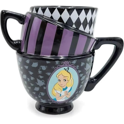 Taza de café de cerámica esculpida Silver Buffalo Disney's Alice in Wonderland con diseño de tazas apiladas, 20 onzas