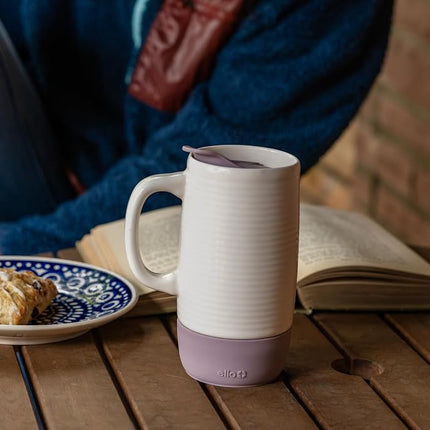 Mug de voyage en céramique 18 oz Ello Jane avec poignée, couvercle coulissant anti-éclaboussures et dessous de verre intégré, parfait pour le café et le thé, sans BPA, lavable au lave-vaisselle, cadeau d'anniversaire pour elle et lui, bois de mauve