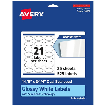 Avery Glossy White Oval Scalloped Labels with Sure Feed, 1-1/8" x 2-1/4", 525 Glossy White Labels, Print-to-The-Edge, Permanent Label Adhesive, Laser/Inkjet Printable Labels