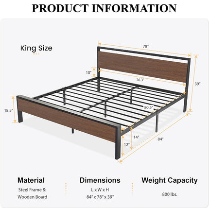 SHA CERLIN - 14 Inch King Size Metal Platform Bed Frame with Wooden Headboard and Footboard, Mattress Foundation, No Box Spring Needed, Large Under Bed Storage, Walnut