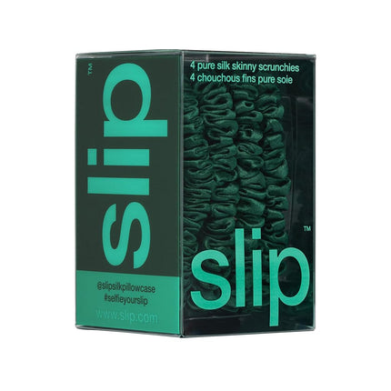 slip Skinny Forest Green Scrunchies - Back to School Range - Anti-Crease, Anti-Breakage Slipsilk Hair Ties - Design Protects Delicate Hair - Includes 4 x Pure Silk Scrunchy For Hair Pony Tails