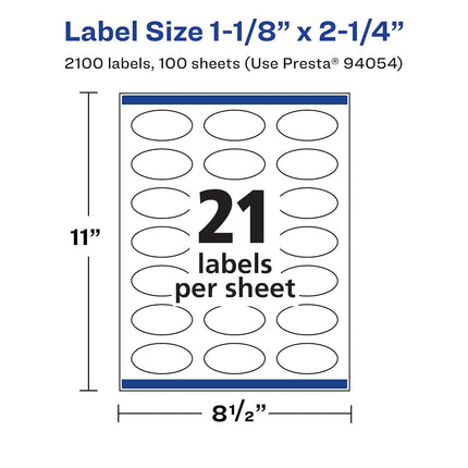 Avery Matte White Oval Labels with Sure Feed, 1-1/8" x 2-1/4", 2,100 Matte White Printable Labels