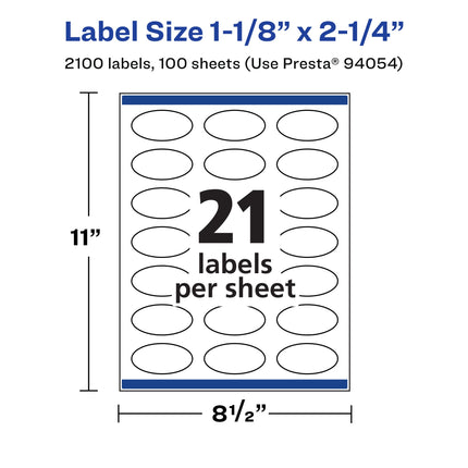 Avery Matte White Removable Oval Labels with Sure Feed Technology, Print-to-The-Edge, 1-1/8" x 2-1/4", 2,100 Removable Labels, Laser/Inkjet Printable Labels