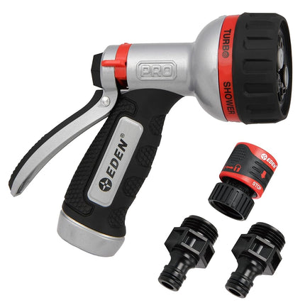 Eden 94830 Pro Metal 6-Pattern RearTrigger Garden W/Quick Connect Starter Set, HIGH Pressure Spray Nozzle for Hose