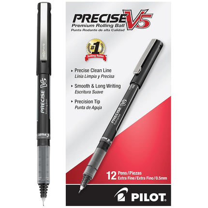 Pilot Precise V5 Stick Rolling Ball Pens, Extra Fine Point, Black Ink, Dozen Box -35334