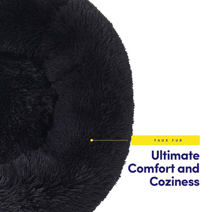 Dog & Cat Bed: Round Faux Fur Pet Bed - Plush, Cozy, & Calming Donut Bed for Small Pets - Soft & Comfortable Sleeping Cushion for Napping & Lounging, 20" Round, Black