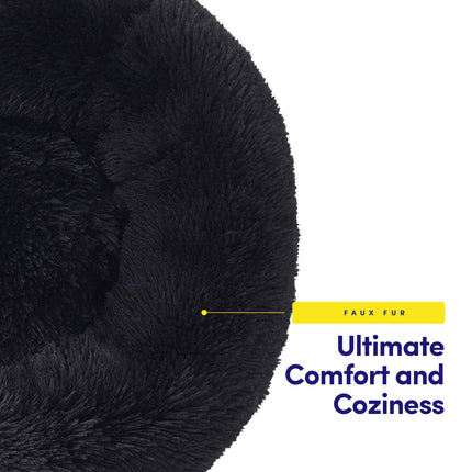 Dog & Cat Bed: Round Faux Fur Pet Bed - Plush, Cozy, & Calming Donut Bed for Small Pets - Soft & Comfortable Sleeping Cushion for Napping & Lounging, 20" Round, Black