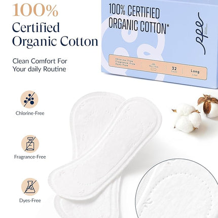 Rpe Life 100% Organic Long Panty Liners for Women - 96ct, Ultra Thin Cotton Cover, Light Absorbency, Unscented Barely There Pantiliners (Long Liner, Size 2, 96ct)
