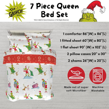 Franco Comforter and Sheet Set with Sham, Microfiber, Grinch-White + Red, 7 Piece Queen Size