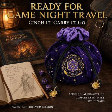 ANZOME DND Dice Bags with Pockets Drawstring Dice Bag Dice Storage Bag Big Capacity Dice Velvet Pouch for RPG MTG Table Games, Capacity Over 200 Dice (Purple)