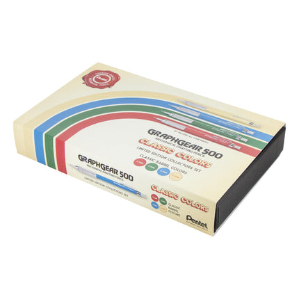 Lápices Mecánicos Pentel GraphGear 500 Edición Limitada, Estuche de Colores Clásicos, Tamaños de Punta 0.3, 0.5, 0.7, 0.9 mm incluidos, Caja de 4 Lápices (PG520RBXSET)