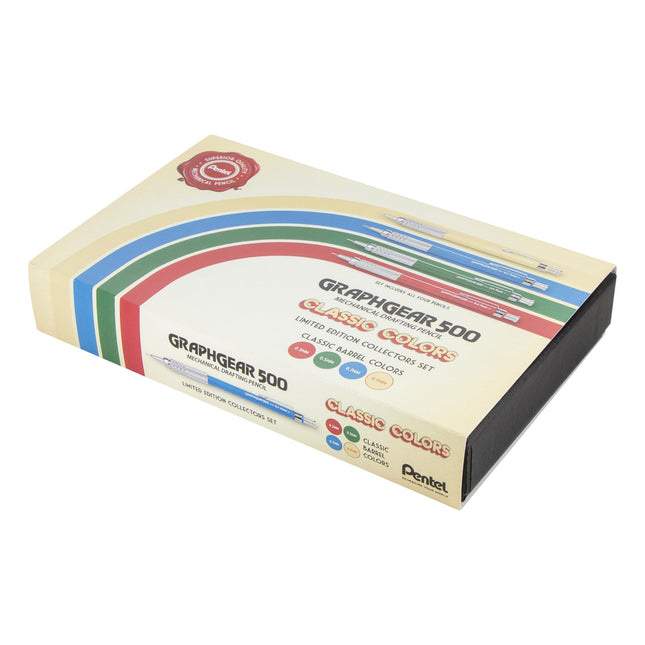 Lápices Mecánicos Pentel GraphGear 500 Edición Limitada, Estuche de Colores Clásicos, Tamaños de Punta 0.3, 0.5, 0.7, 0.9 mm incluidos, Caja de 4 Lápices (PG520RBXSET)