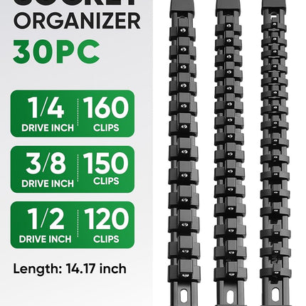 ALOANES 30 PC ABS Socket Organizer, 1/2 inch, 3/8 inch and 1/4 inch Drive Socket Rail Holders, Heavy Duty Socket Racks, Black Rails with Black Clips