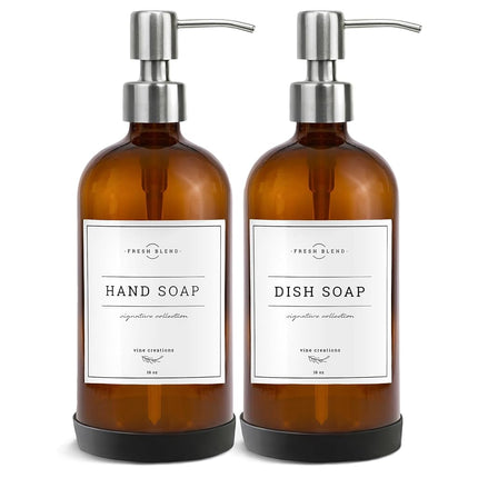 Vine Creations Amber Glass Soap Dispenser 2 Pack, Thick 16oz Bottles with Rustproof Stainless Steel Pump, Modern Farmhouse Vintage Jar, Bathroom Kitchen Accessories, Dish and Hand Soap Labels (Silver)