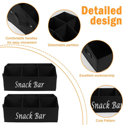 Xbopetda 2 Pack Snack Organizer for Countertop with Handles - 6 Compartment Box Basket, Bar Station, Kitchen Cabinet Pantry Storage - Black