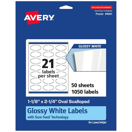 Etiquetas Avery ovaladas festoneadas de color blanco brillante con Sure Feed, de 1-1/8" x 2-1/4", 1,050 etiquetas blancas brillantes, impresión hasta el borde, adhesivo permanente, etiquetas imprimibles con láser/inyección de tinta