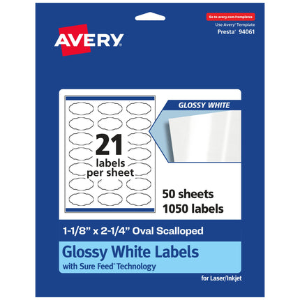 Avery Glossy White Oval Scalloped Labels with Sure