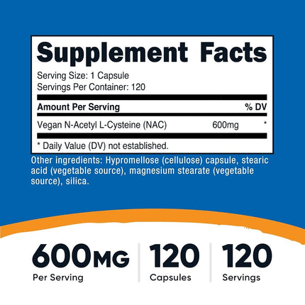 Nutricost N-Acetyl L-Cysteine 600Mg, 120 Veggie Capsules - Non-GMO, Gluten Free, Vegetable Caps