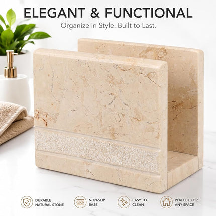 Creative Home Natural Champagne Marble Hand Carved Collection Tabletop Napkin Holder Stand Tissue Paper Dispenser Decorative Kitchen Countertop Dining Table Organizer, 3" x 5.8" x 4.5" H, Beige