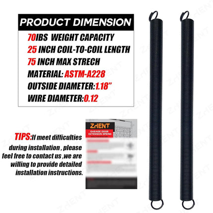 Pair of 70 lbs Heavy Duty Garage Door Extension Springs Stretch Spring,High Precision Electrophoresis Black Coated for Corrosion Resistance,MIN 18000 Cycles for 7ft Garage Door Springs Replacement