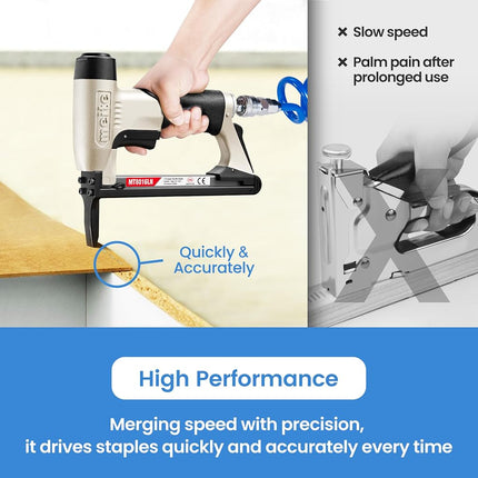 meite MT8016LN Pneumatic Staple Gun Extended Nose Upholstery Stapler Accepts 21 Gauge 12.8mm Crown Accepts 6-16mm, Air Stapler Gun for Furniture Sofa Fabric Bedding Cabinetry Woodworking
