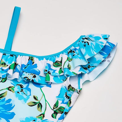 Kanu Surf Girls' Morgan Floral Ruffle 1-Shoulder 1-Piece Swimsuit, Flower Power Blue, 10
