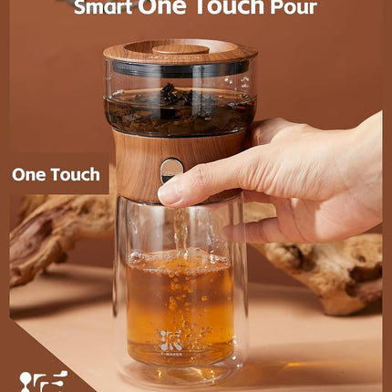 ZENS Glass Infuser Teapot, One Touch Tea Maker for Loose Leaf Tea, Walnut