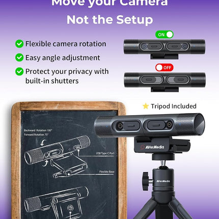 AVerMedia PW313D DualCam 2K Document Camera and Webcam for PC/Mac/Laptop, Autofocus, AI Noise Reduction, Online Teaching, Works with Zoom/Teams/Google Meet, Includes Tripod, TAA/NDAA Compliant
