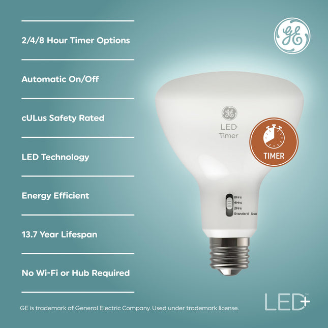 GE LED+ Timer BR30 LED Light Bulbs, Built-in Automatic Indoor Timer Light, 8W, Soft White (3 Pack)