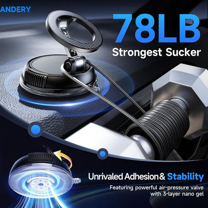 ANDERY Car Phone Holder for Magsafe [78+LBS Strongest Suction & 2400gf Magnetic] 360° Adjustable Car Phone Mount, Compatible with iPhone 17 Pro Max 16 15 14 13 12 Air Plus, Carbon Fiber