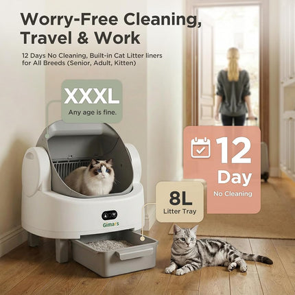 Gimars Open Top Design Self Cleaning Litter Box, Automatic Cat Litter Box for Multiple Cats & Senior Cats, App Control with Safety Sensors, Low Odor, Includes Trash Bags & Litter Mat, White with Gray