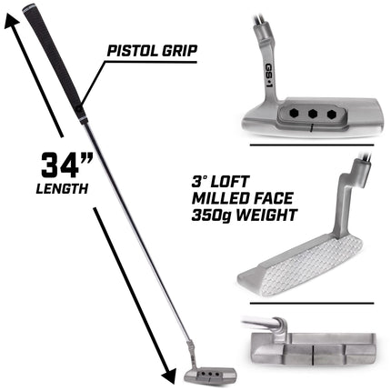 GoSports GS1 Tour Golf Putter � 34� Right-Handed Blade Putter with Milled Face, Choose Oversized Fat Grip or Traditional Grip, Silver