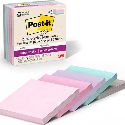 Post-it 100% Recycled Paper Super Sticky Notes, 2X The Sticking Power, 3x3 in, 5 Pads, 70 Sheets/Pad, Wanderlust Pastels Collection (654R-5SSNRP)