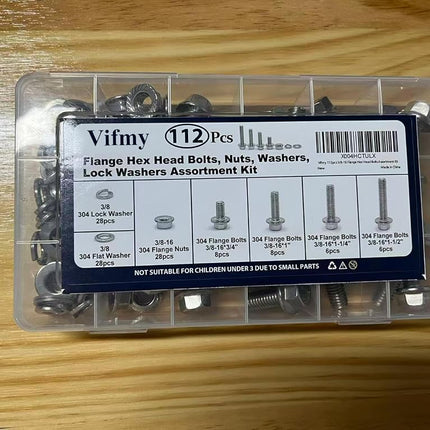 Vifmy 3/8-16 x 3/4", 1", 1-1/4", 1-1/2" Flange Hex Head Bolts Assortment Kit (112 Pack) with Serrated Flange Nuts, Washers & Lock Spring Washers, Hex Head Screw, Stainless Steel Full Thread