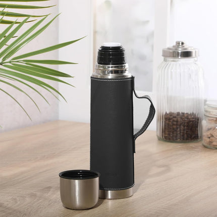 Mr. Coffee Leatherette 23 oz Stainless Steel Thermal Bottle – Double Wall Insulated Flask with Faux Leather Sleeve & Carry Handle, Brown – Leak-Proof Hot & Cold Drink Travel Mug